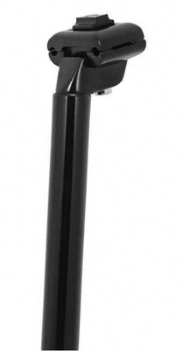 A Railed Seat Post 27.2 x 400mm is a black bicycle seat post featuring a clamp at the top, designed for attaching a railed seat mount, and offers a generous 400mm length.