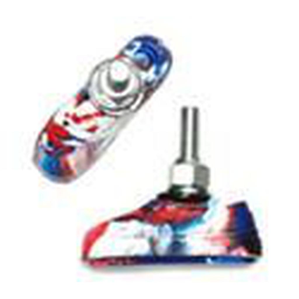 Two artfully decorated skateboard trucks are shown with a colorful mix of red, blue, and white patterns inspired by Kool Stop X Vans Brake Pads designs.