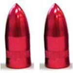 A pair of red Missile Valve Caps, shaped like bullets, are placed side by side against a white background.