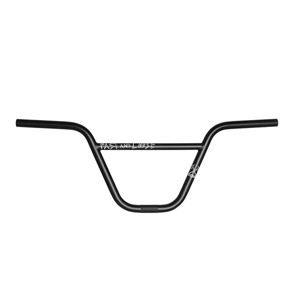 A black Demolition Fast & Loose Bar, featuring "FAST AND LOOSE" printed on the center bar. Crafted from durable chromoly BMX handlebars and backed by a lifetime guarantee.