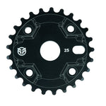 A black Federal Impact Guardless Sprocket with four bolt holes, featuring a solid alloy design and a logo near the edge.