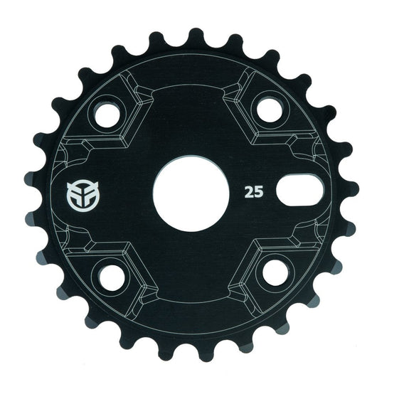 A black Federal Impact Guardless Sprocket with four bolt holes, featuring a solid alloy design and a logo near the edge.