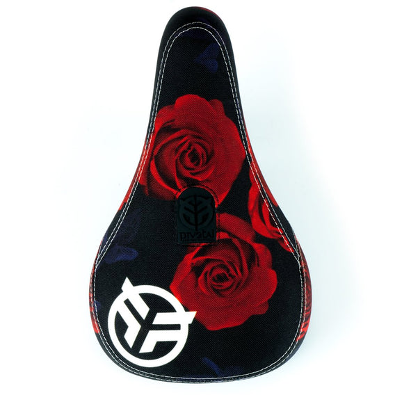 A close-up photo of a Federal Mid Pivotal Roses Seat adorned with red roses print and white geometric symbols.