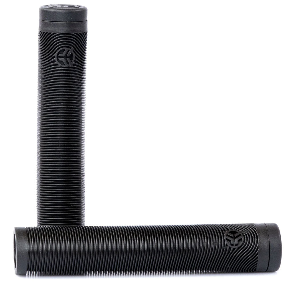 Two black Federal Rewind Flangeless Grips with a ribbed mushroom design are pictured on a white background, arranged both vertically and horizontally.