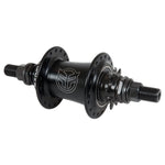 A black Federal V4 Freecoaster Hub with a logo on the BMX freecoaster hub.