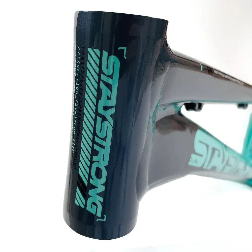 Close-up of a Staystrong V5 Disc Junior Frame made from 6061 alloy tubing, featuring a "Stay Strong" logo in teal on a dark gray background.