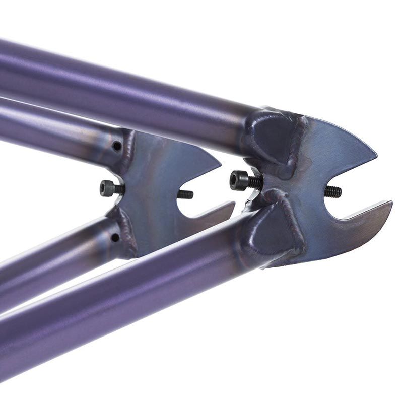 Close-up of the Fiend Morrow V4 Frame's purple 4130 chromoly dropouts, highlighting the brackets for wheel axle attachment.