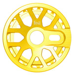 The Fiend Omicron Guard Sprocket is a yellow, circular bicycle sprocket equipped with multiple spokes and a central hole for mounting. CNC machined from 6061 aluminium, it features the word "FIEND" engraved on its surface.