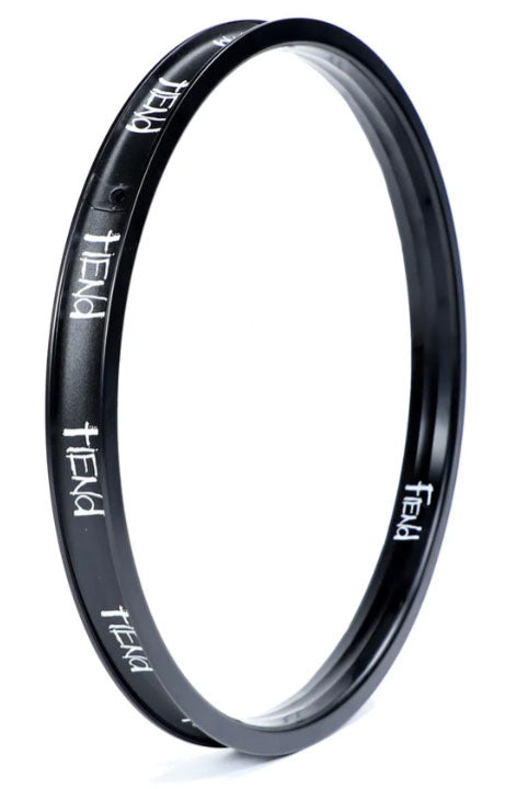 A close-up of the distinguished Fiend Cab Rim in black, featuring the word "Fiend" repeatedly printed in white around its surface, forms an unbeatable combination of style and branding.