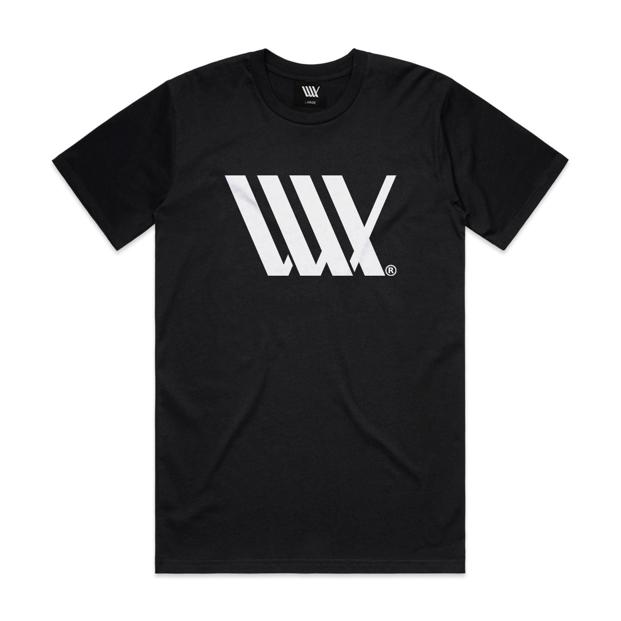 Introducing the LUXBMX Flag Tee Black: a heavyweight black tee made from premium combed cotton, showcasing a bold white geometric design resembling the letters "WWX" on the front.