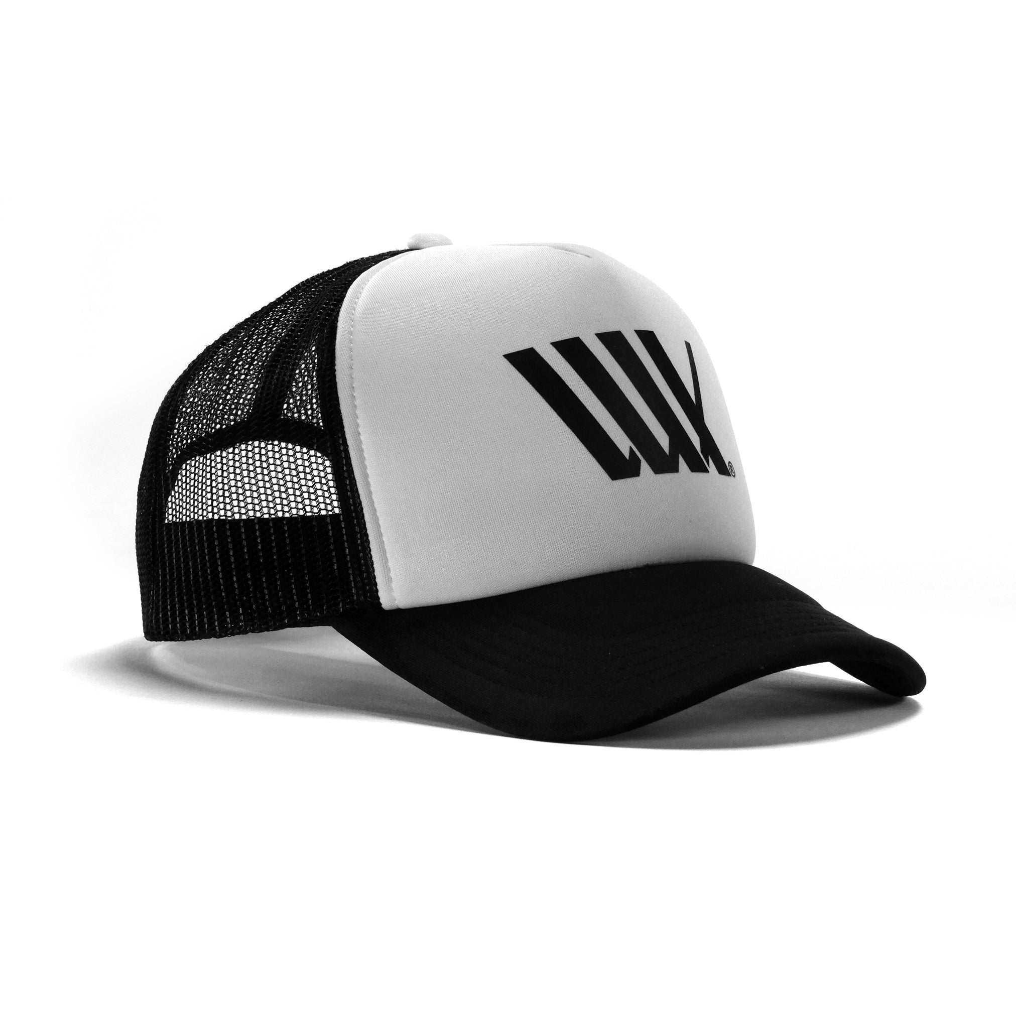 The LUXBMX Flag Trucker Cap in black features a classic fit with a mesh back and a stylized "WXY" logo on the front panel, crafted from recycled polyester.