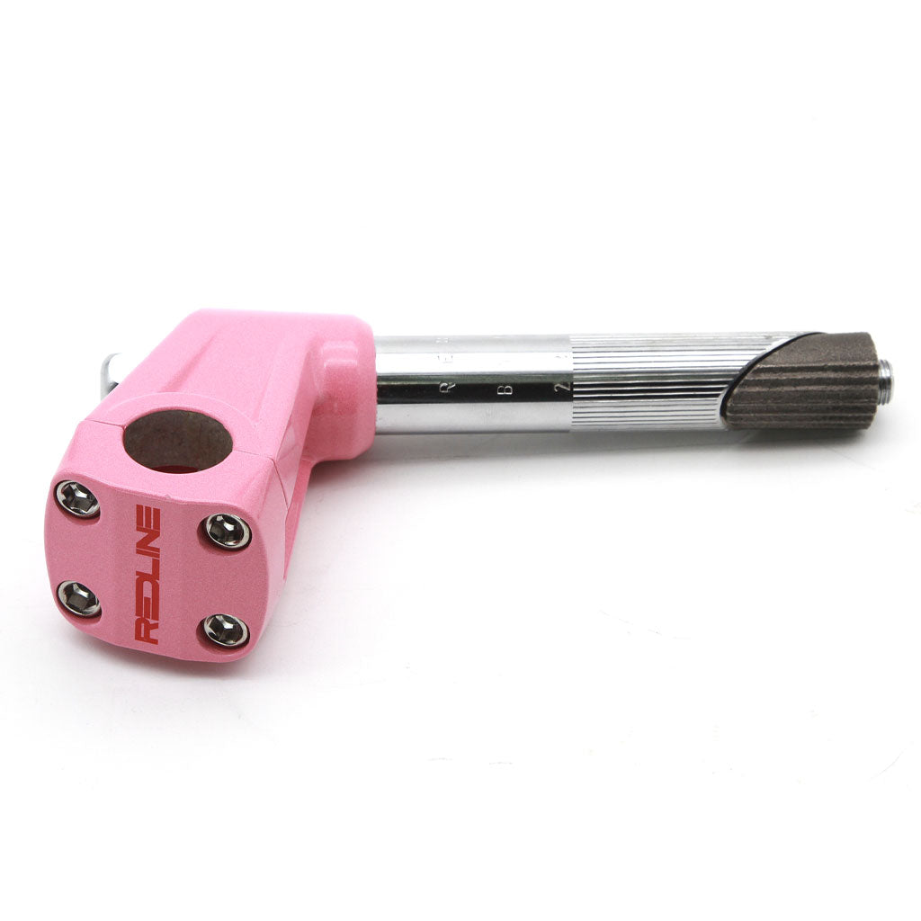 The REDLINE BY KASTAN Forklifter Front Load Stem (Gooseneck) for BMX Freestyle enthusiasts boasts a pink handlebar, a silver adjustable section, and four screws, elegantly displayed on a white background.