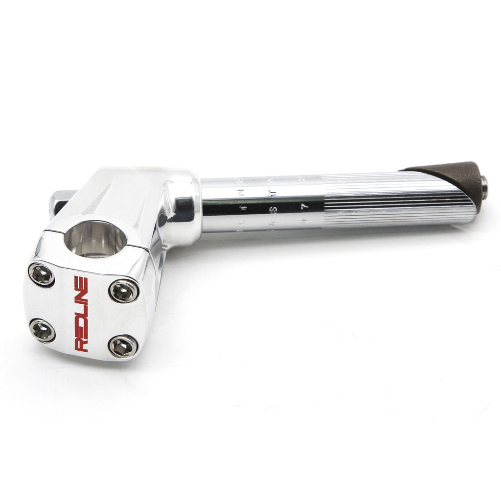 A silver REDLINE BY KASTAN Forklifter Front Load Stem with elegant branding and measurement markings features four bolt holes for a secure fit on BMX Freestyle bikes, perfect for thrill-seekers.