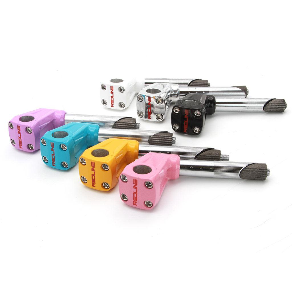 A collection of colorful REDLINE BY KASTAN Forklifter Front Load Stems, including red, white, black, pink, purple, blue, and yellow. Each BMX freestyle stem features "REDLINE" branding and is displayed on a white background.