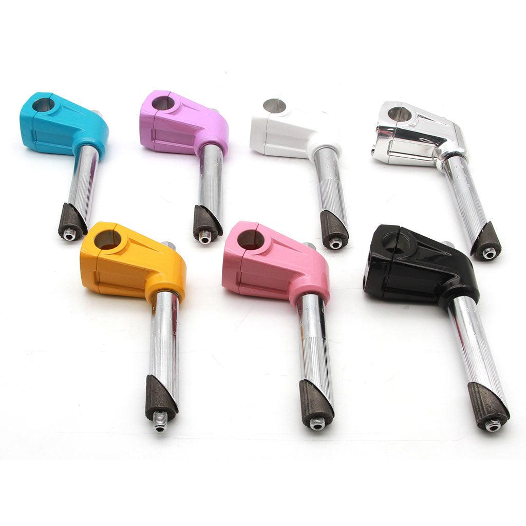 Seven vibrant bicycle locks, evoking the style of REDLINE BY KASTAN Forklifter Front Load Stems, are arranged on a white background. The locks come in blue, pink, silver, white, yellow, pink and black. Each lock features a cylindrical steel shank.