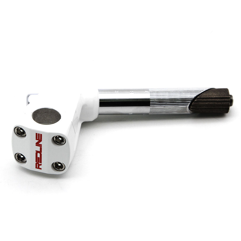 A metal REDLINE BY KASTAN Forklifter Front Load Stem with a white body, four screws, and splined shaft end. Ideal for BMX Freestyle enthusiasts who value innovation in every detail.