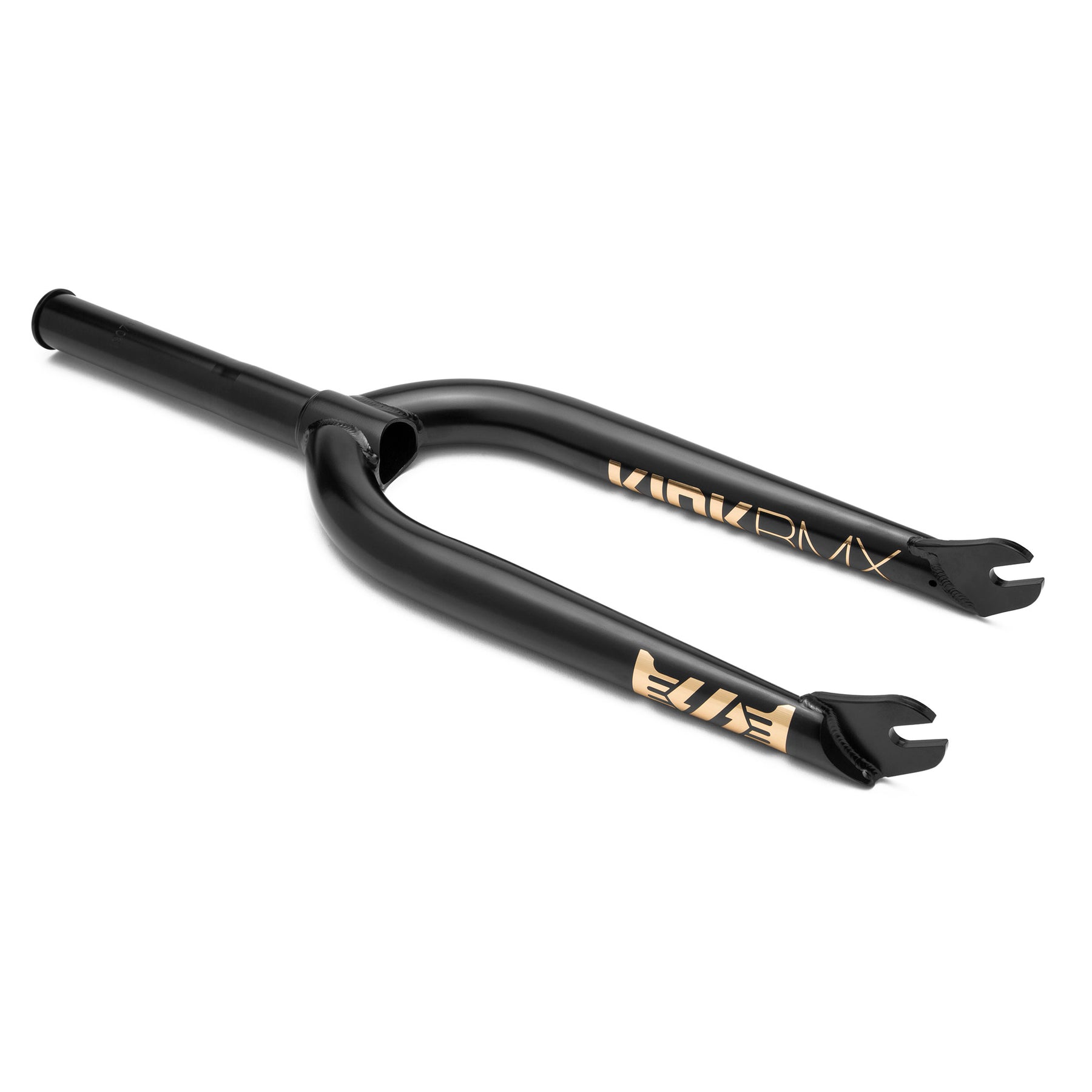 A black BMX bike fork with gold "Kink BMX" branding, the Kink Stoic Fork features an open dropout design and modern geometry.