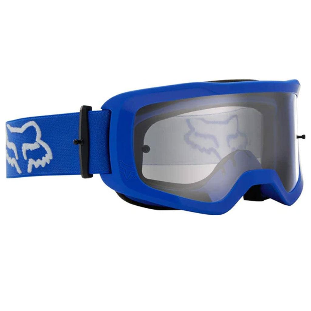 The Fox Main Stray BMX Goggles feature a blue frame with an expansive viewport and an adjustable strap sporting a fox logo, providing unparalleled clarity with its clear lens.