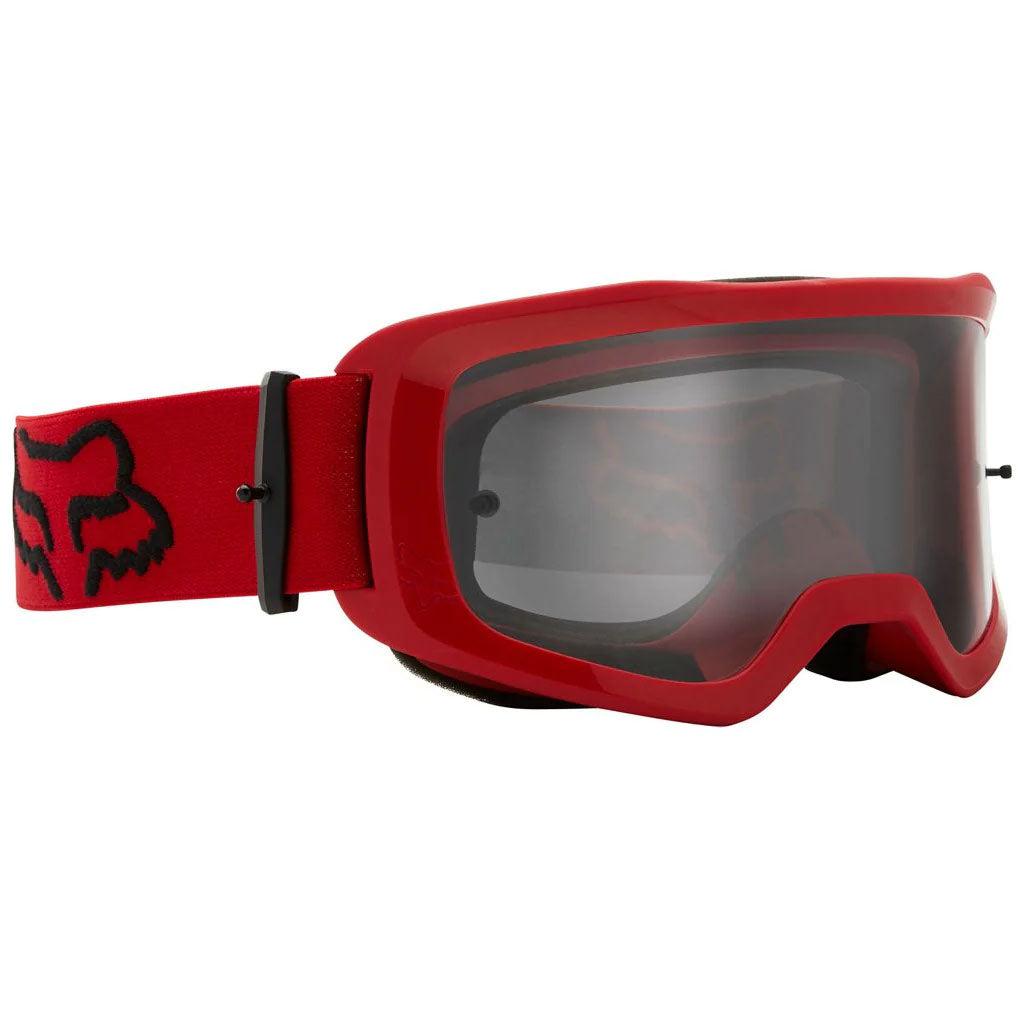 Red Fox Main Stray BMX Goggles with a black-tinted Variable Lens System and an adjustable red strap featuring a stylized fox head logo in black, enhanced with triple-layer foam for optimal comfort.