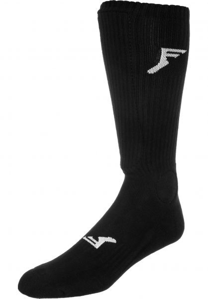 A FP Painkiller Socks Black Knee Hi with a white logo near the top and on the foot, featuring built-in shin/ankle guards for added support.