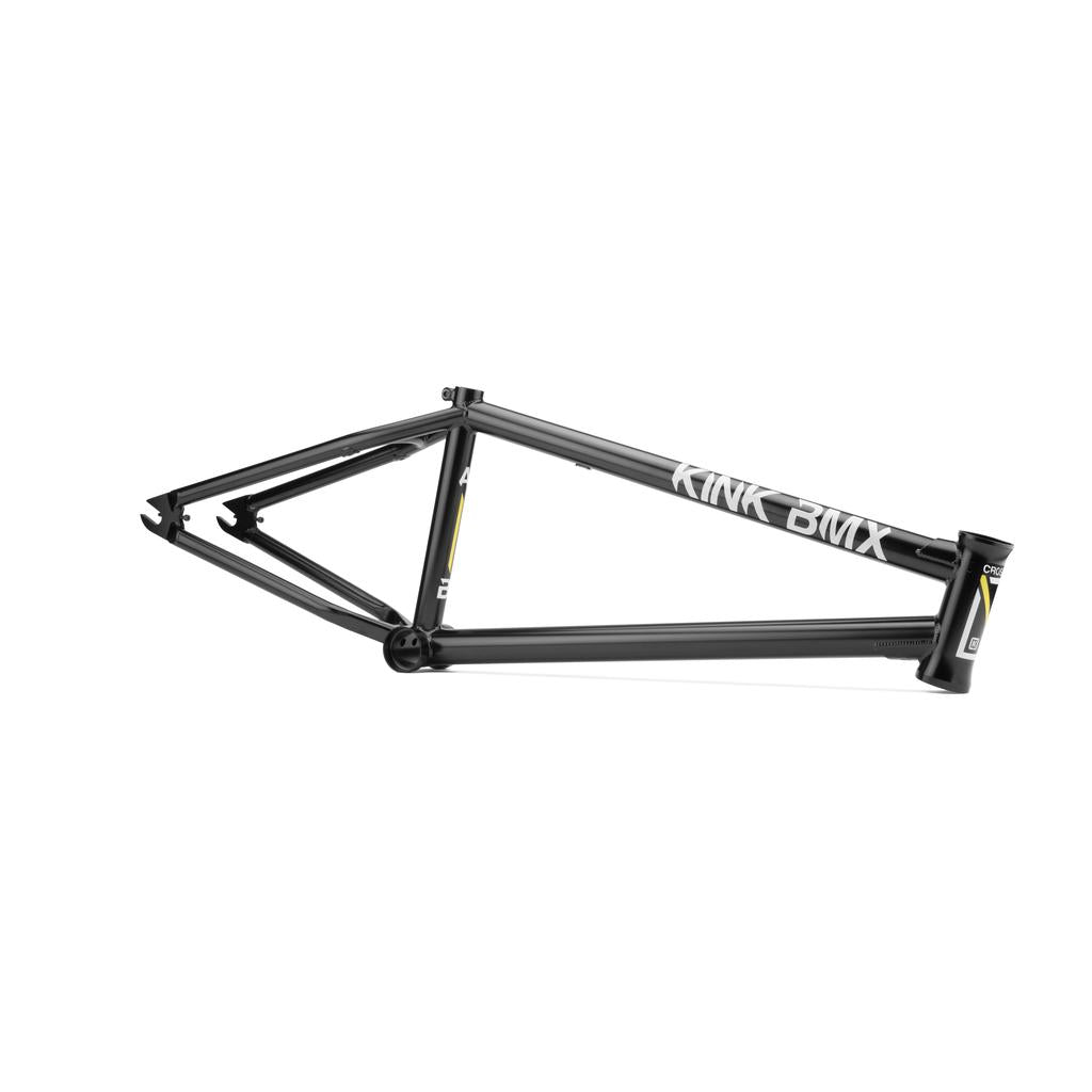 The Kink Crosscut Frame, made of durable 4130 Chromoly Tubing, showcases modern geometry and prominently features "Kink BMX" on its sleek black top tube with a white background.