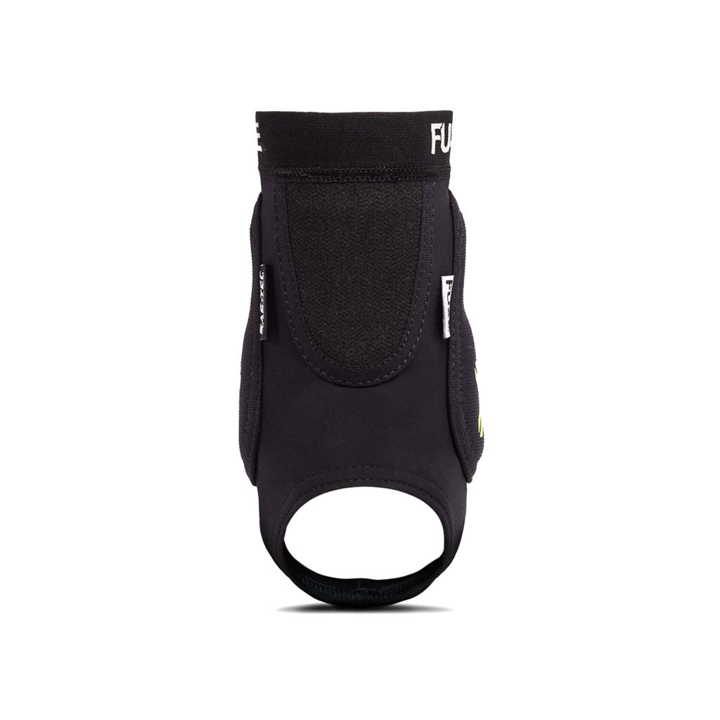 A black, padded Fuse Omega Pro Ankle Guard with a thumb hole and Velcro straps, made from durable neoprene, shown from the front.