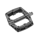 The Ryfe Ghost Rider Sealed Pedals are black, rectangular MTB pedals featuring multiple screw holes, CNC machined for precision, and equipped with replaceable pedal pins, specifically designed for attaching to the crank arm of a bicycle.