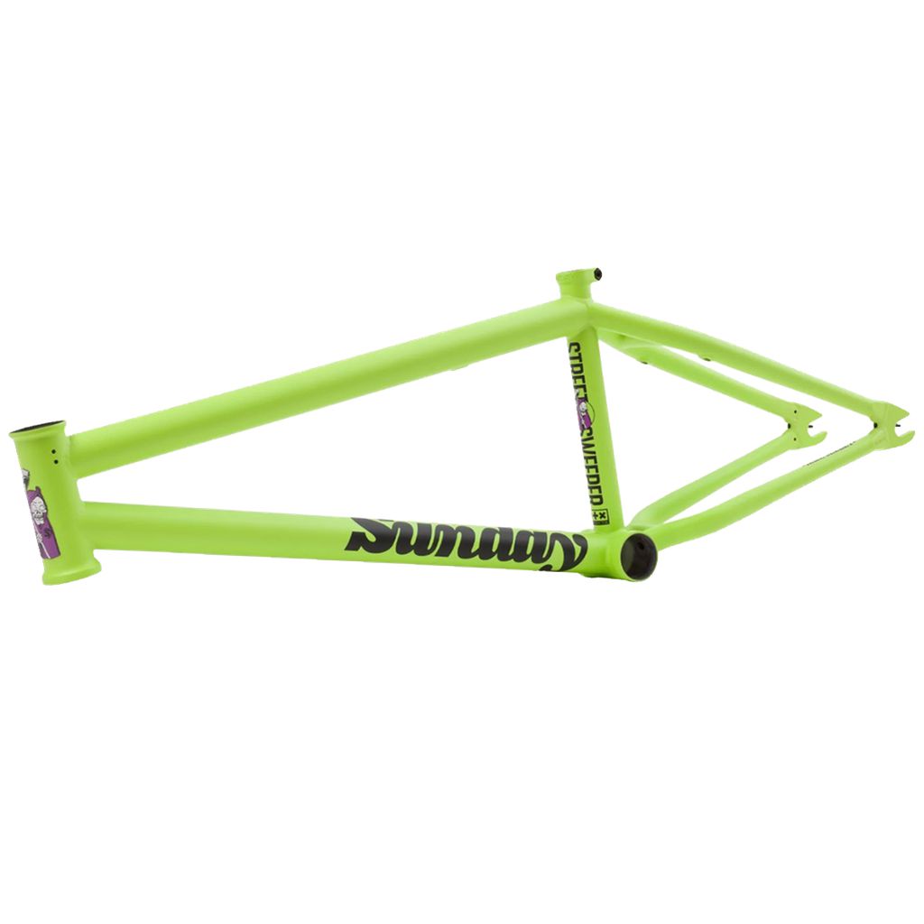 A green Sunday Street Sweeper bike frame with the word sundae on it.