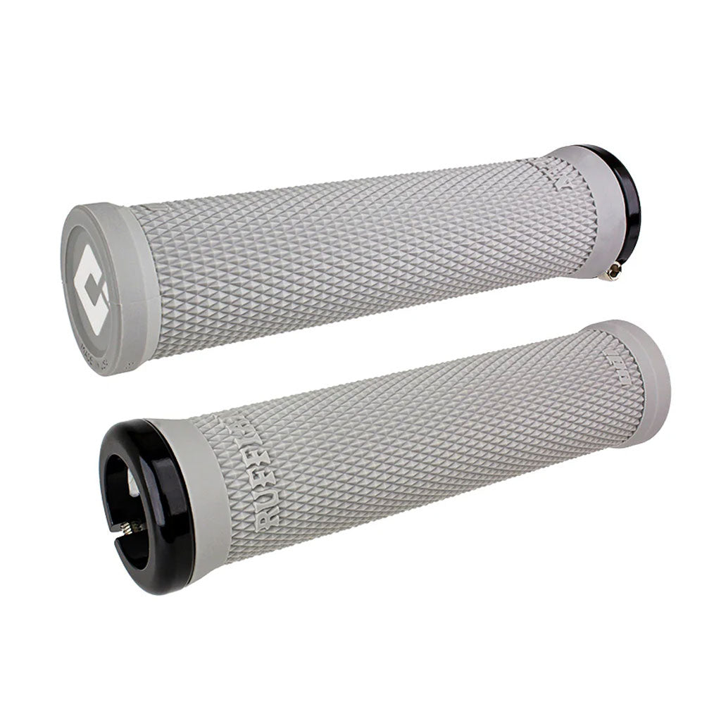 A pair of ODI BMX Ruffian V2.1 Lock-On grips in gray with a textured design and black and gray end caps, featuring a v2.1 Single-Clamp Lock-On system for secure attachment, in 135mm length.