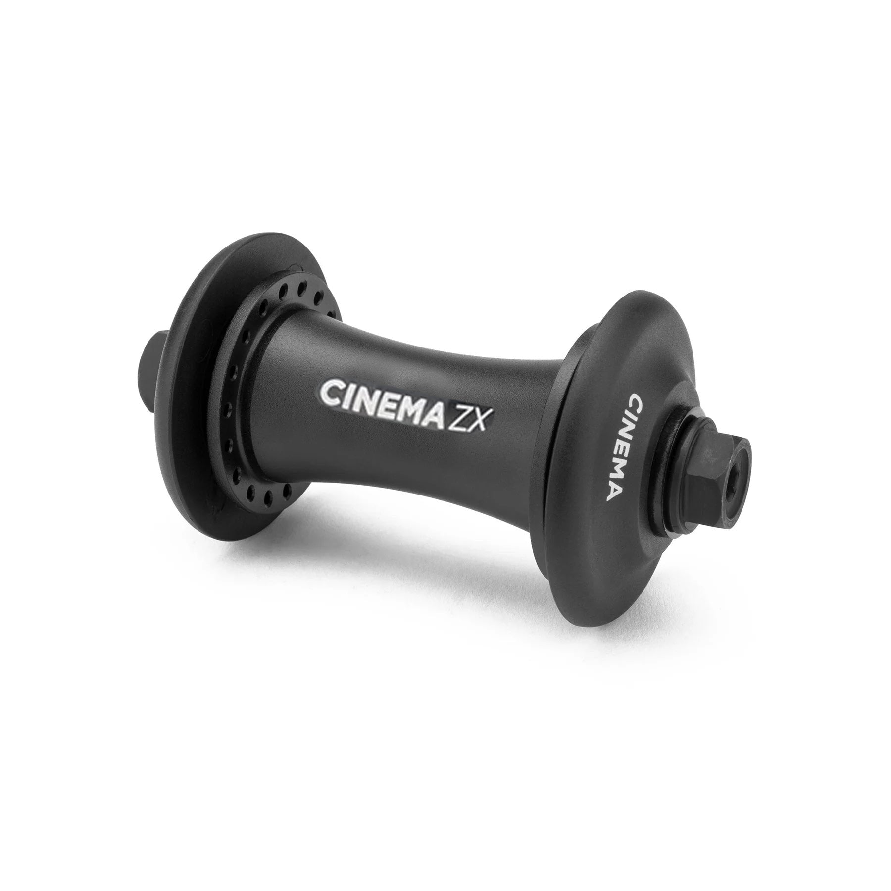 A black BMX bike front hub labeled "Cinema ZX.