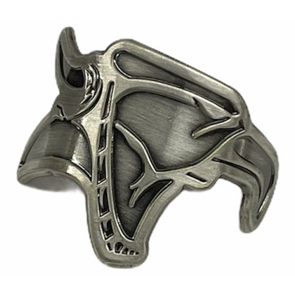 A silver ring featuring an intricate design of a bull's head, with detailed lines and open spaces accentuating the features—truly an Animal Head Tube Badge-inspired product you’ll want to add to your collection.