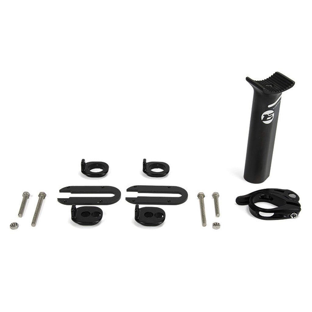 A black bike seat clamp with its components laid out, including the main clamp, brackets, screws, and bolts arranged in an orderly manner—perfect for a sleek Chase ACT 1.2 Carbon BMX Race Frame Pro +.