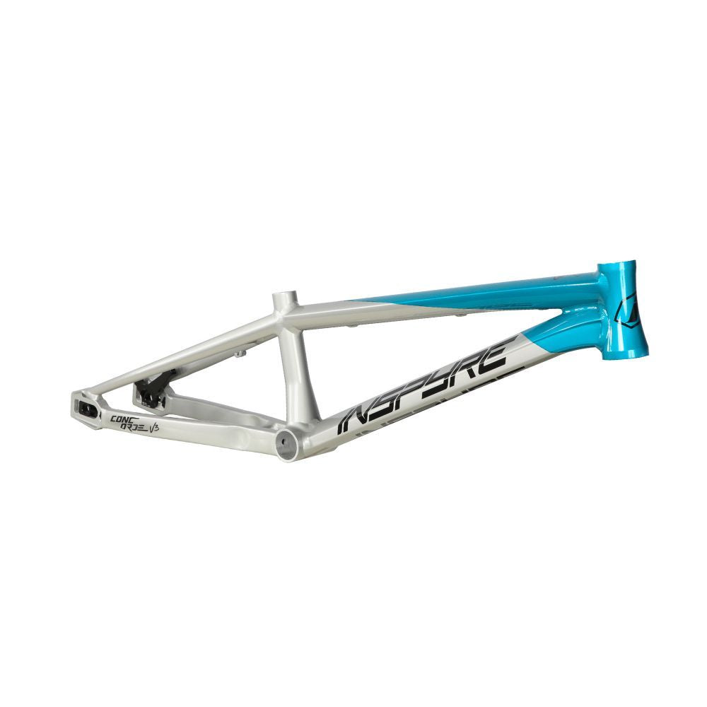 The Inspyre 2025 Concorde V3 Junior Frame shines in silver and blue with bold black text. Perfect for BMX racing, it boasts advanced hydroformed tubes for enhanced performance and durability on any track.