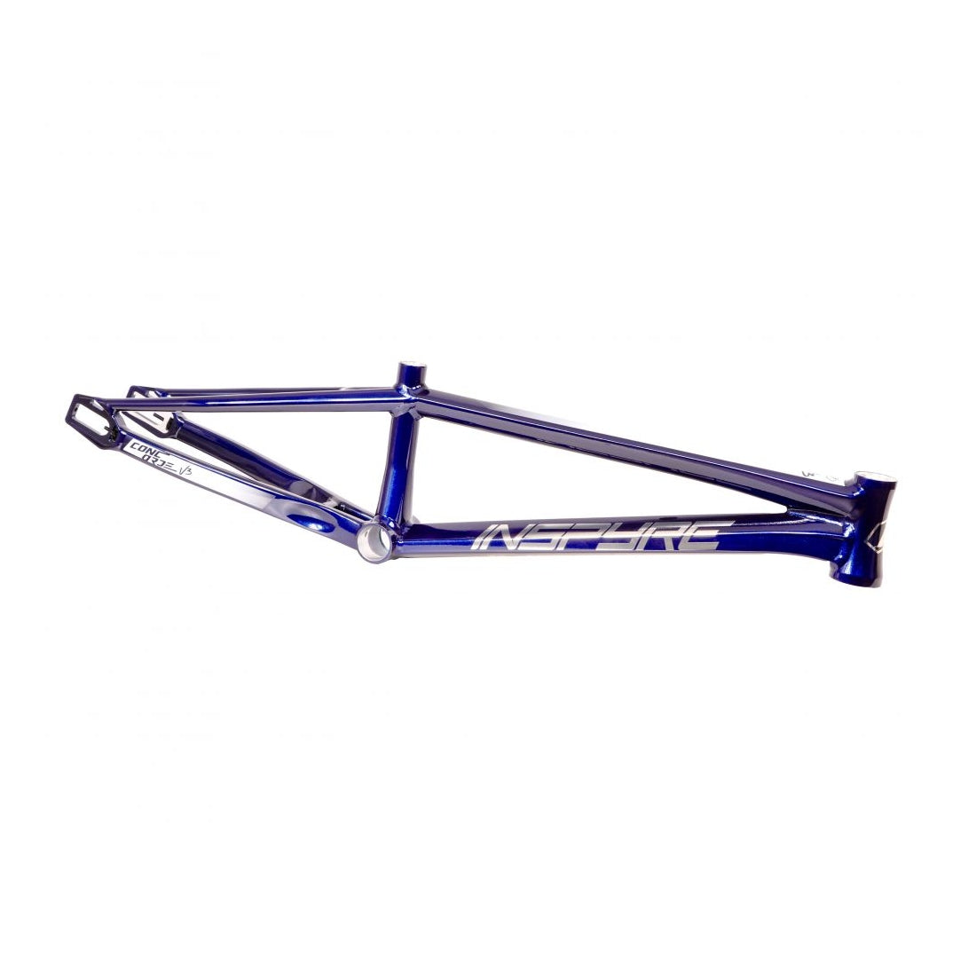 A blue Inspyre Concorde V3 Pro L Frame BMX Race frame made from hydroformed aluminum, featuring "INFERRE" on the side, isolated against a white background.