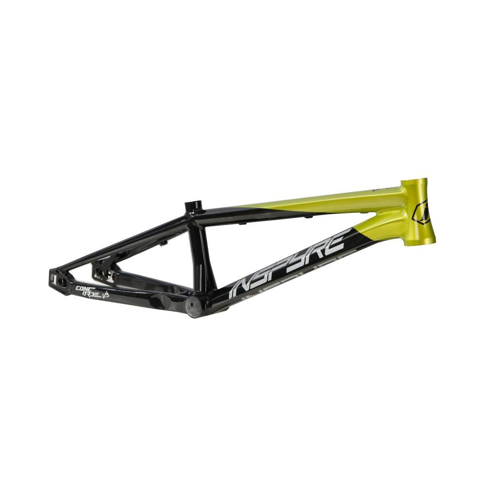 The Inspyre 2025 Concorde V3 Junior frame in a bold black and lime green features hydroformed tubes for BMX racing, set against a sleek white backdrop.