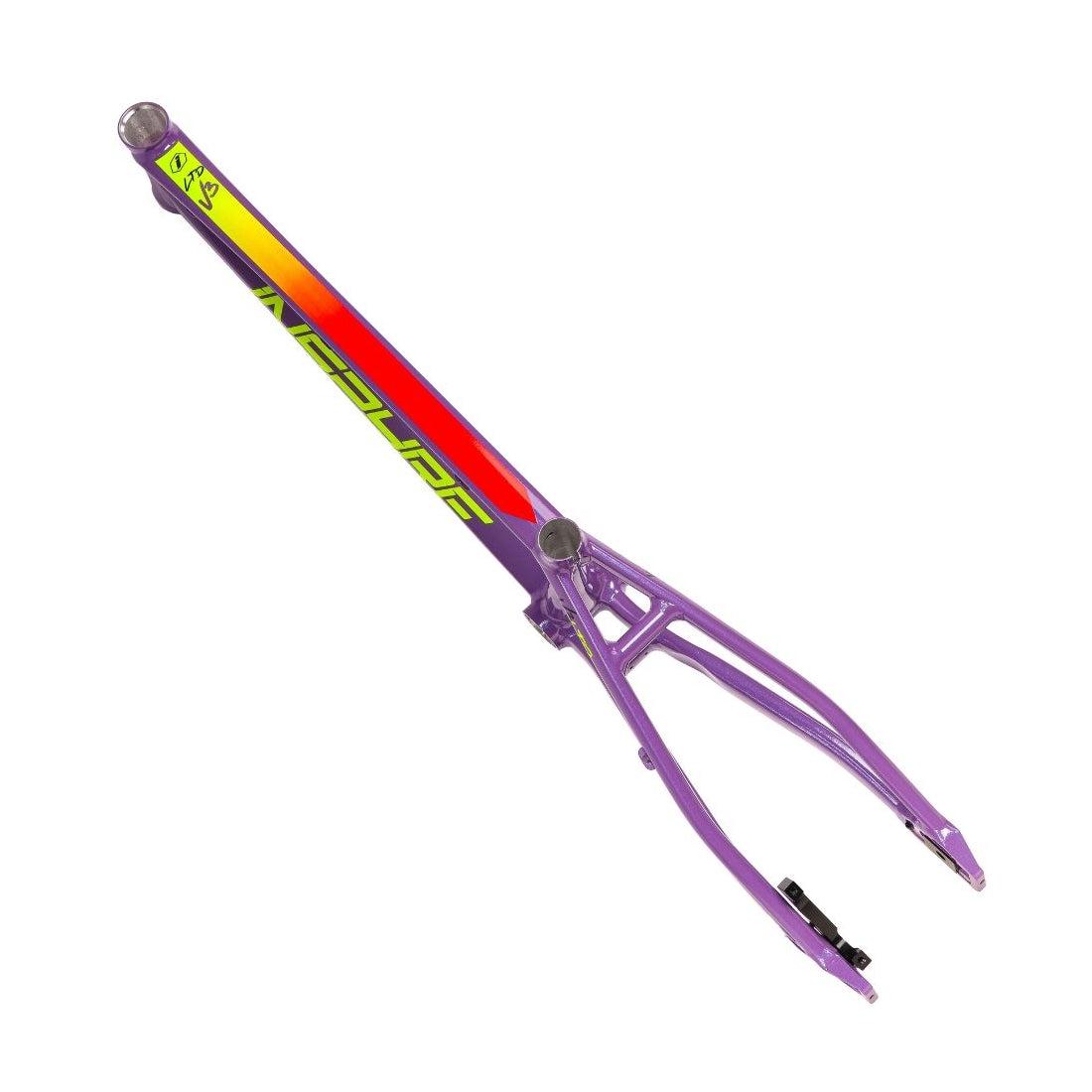 Introducing the Inspyre Concorde V3 Pro L Frame, a colorful, retro-style pogo stick featuring a purple frame and a red-to-yellow gradient shaft. This innovative design showcases the word "Neptune" and is engineered with hydroformed aluminum for enhanced lateral rigidity.