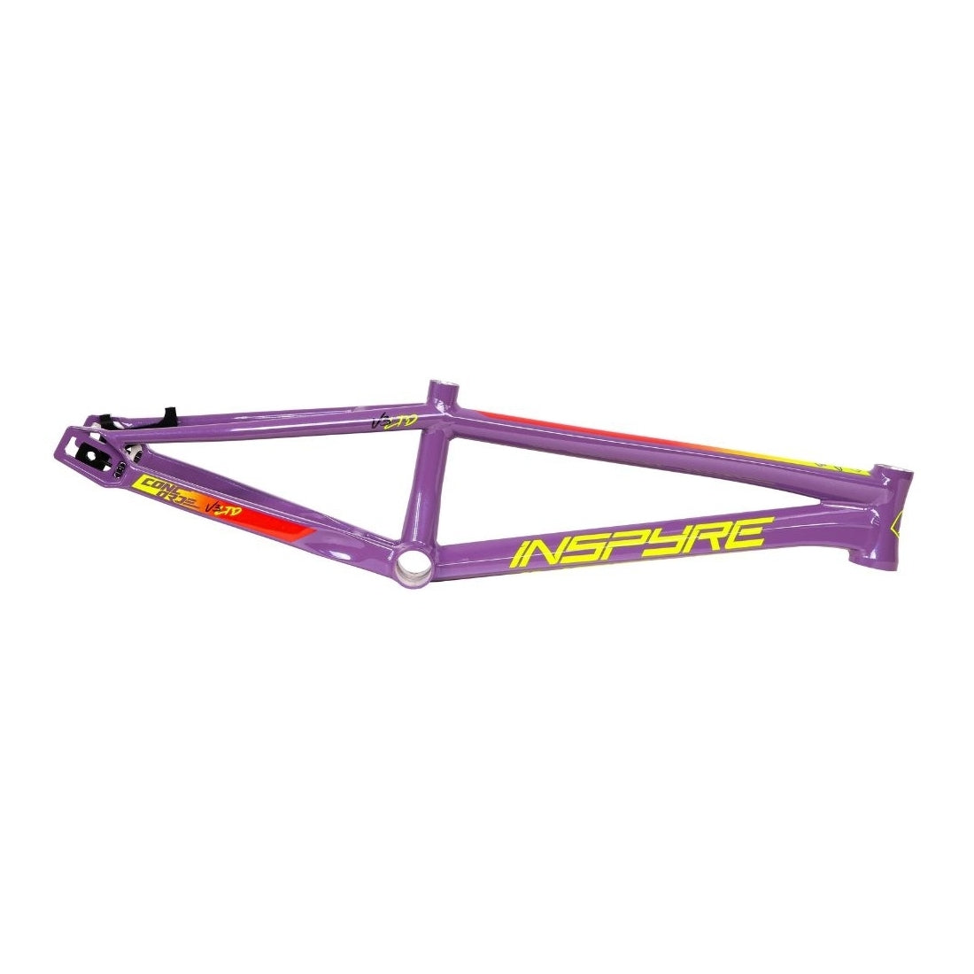 The Inspyre Concorde V3 Pro L Frame BMX Race frame is finished in purple with striking yellow "INSPYRE" branding and red accents, constructed from hydroformed aluminium to boost lateral rigidity, making it ideal for intense performance.