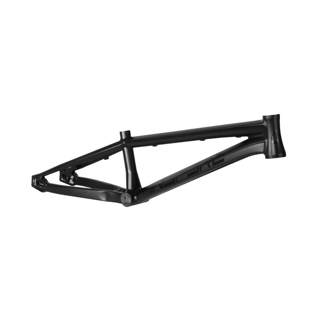 The Inspyre 2025 Concorde V3 Pro Cruiser XXL Frame, a black metal BMX racing frame with hydroformed tubes, is shown isolated against a white background, lacking wheels, seat, and handlebars.