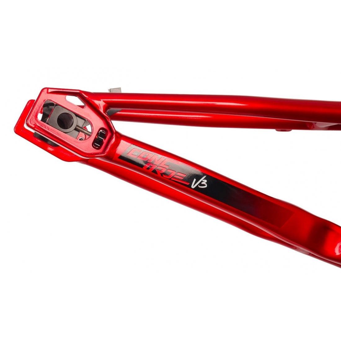 The Inspyre Concorde V3 Pro L Frame is depicted in a close-up, highlighting its hydroformed aluminum structure labeled with "CONCORDE V3." This design enhances lateral rigidity, making it ideal for a BMX race frame that prioritizes optimal performance and durability.