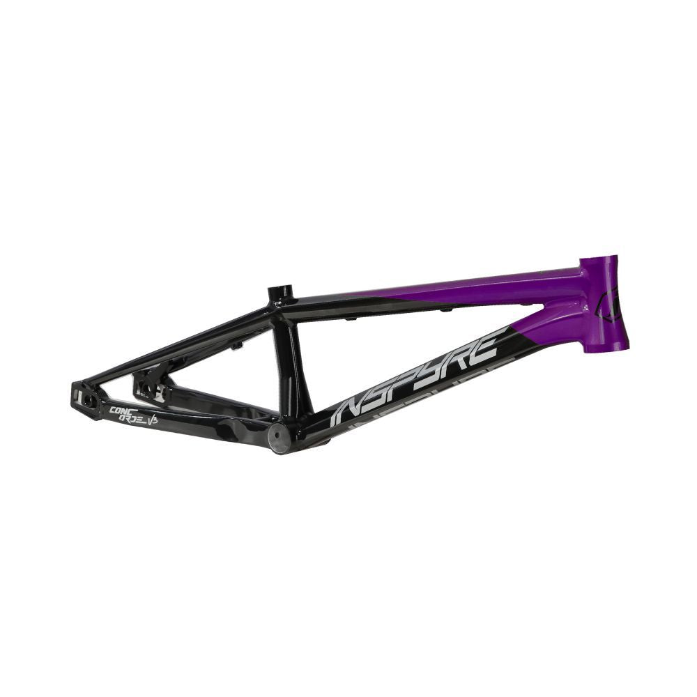 The black and purple Inspyre 2025 Concorde V3 Junior Frame, with hydroformed tubes for enhanced performance, features "INSPIRE" boldly on the side. Displayed on a plain white background, it's perfect for BMX racing enthusiasts seeking sleek style and top functionality.