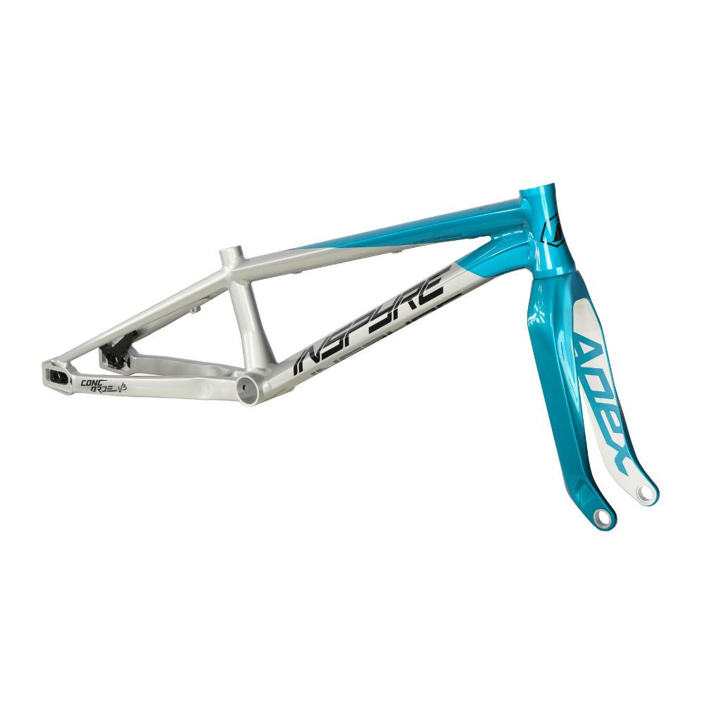 The Inspyre Concorde V3 Pro L Frame/Fork Kit (2025) features a blue and white design with "Inspire" branding on hydroformed tubes for enhanced durability.