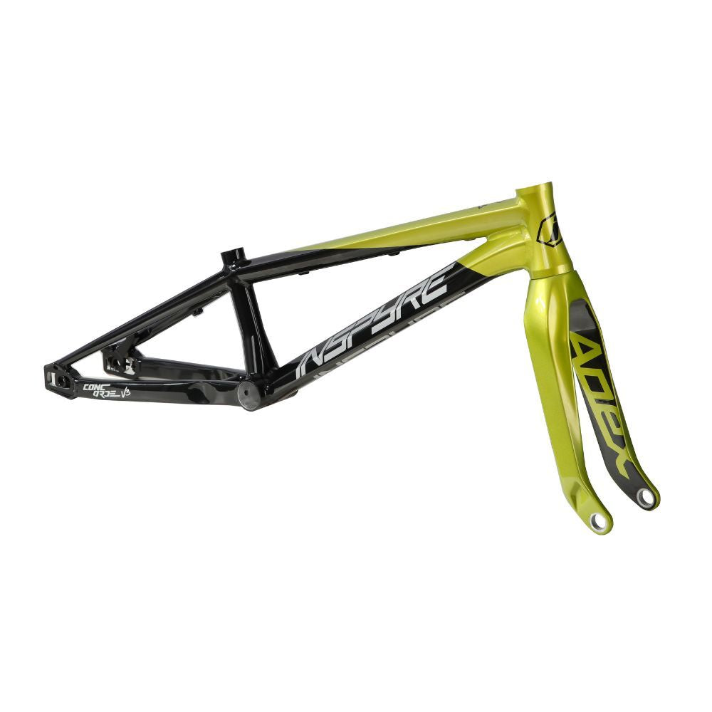 The 2025 Inspyre Concorde V3 Pro L Frame/Fork Kit blends sleek hydroformed tubing with a black rear and green front. Featuring "NS" and "ADVENT" logos, it's ideal for BMX racers who value style and performance.