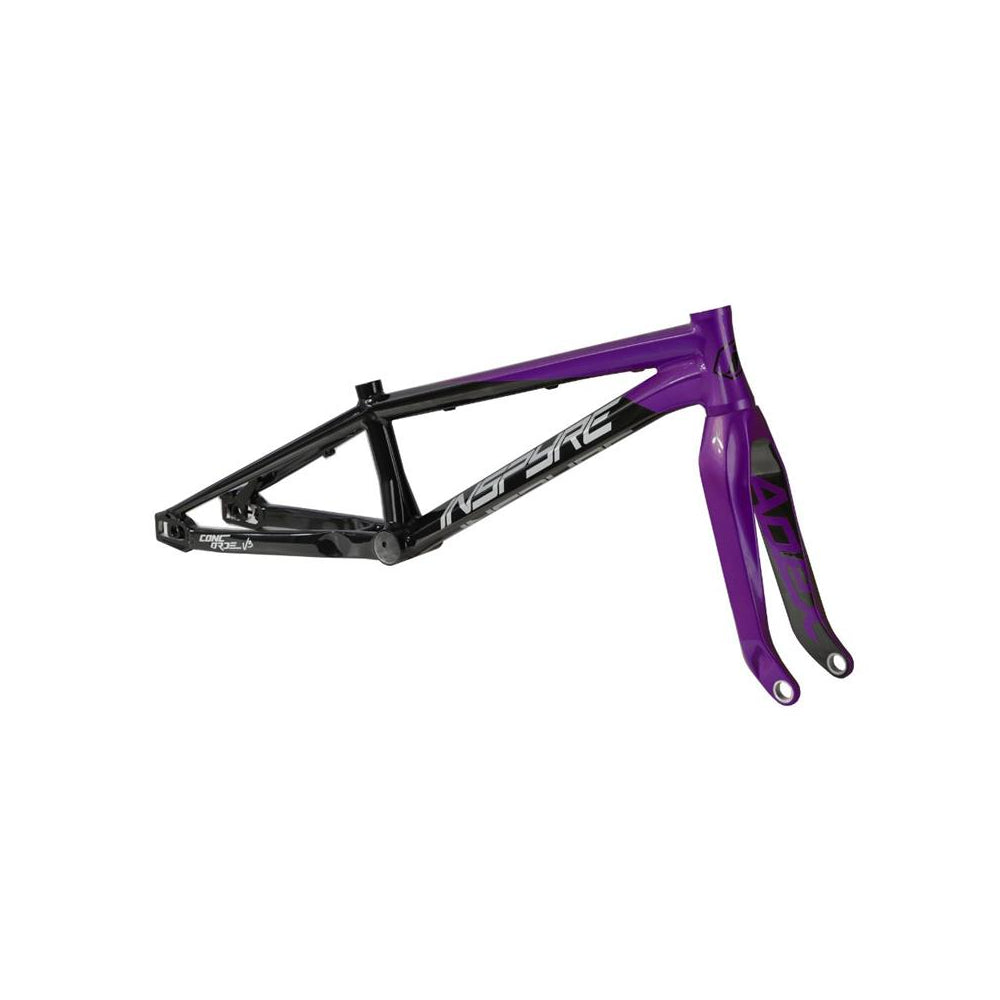 The Inspyre Concorde V3 Pro L Frame/Fork Kit (2025) for BMX racing features a modern purple and black design with white and silver graphics, enhanced by hydroformed tubes for superior style and performance.