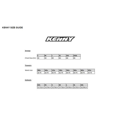 Kenny Racing Decade full face helmets come in sizes XXS to XXL, with select BMX models featuring adjustable chin straps. Jerseys range from S to XXXL, and trousers have waist sizes from 28in to 42in.