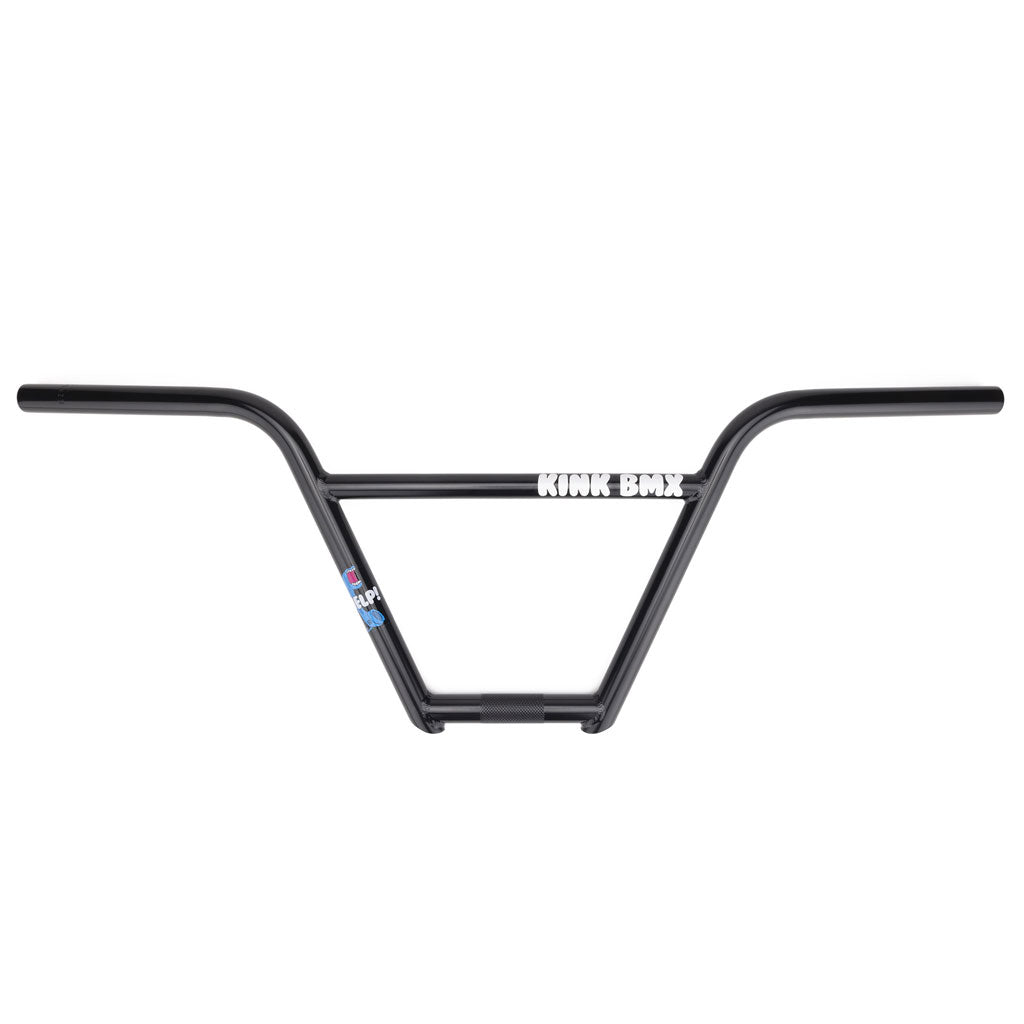 The Kink Williams 4pce Bars are black BMX handlebars with a crossbar, made from durable chromoly tubing and TruTherm construction. The sleek design features the "KINK BMX" logo for style and durability in your ride.