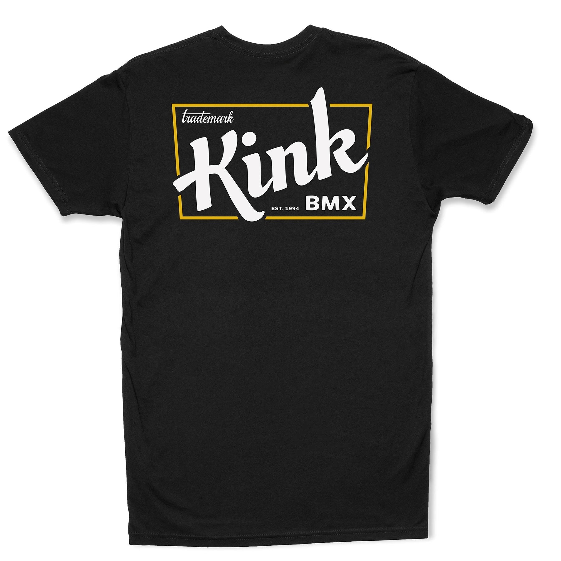 Experience the fresh vibe of the Kink Trademark T-Shirt, made from premium black cotton with a tailored fit. Featuring the "Kink BMX" logo in white and yellow on the back, it proudly states "trademark" and "Est. 1994." Perfect for those who value style and comfort.