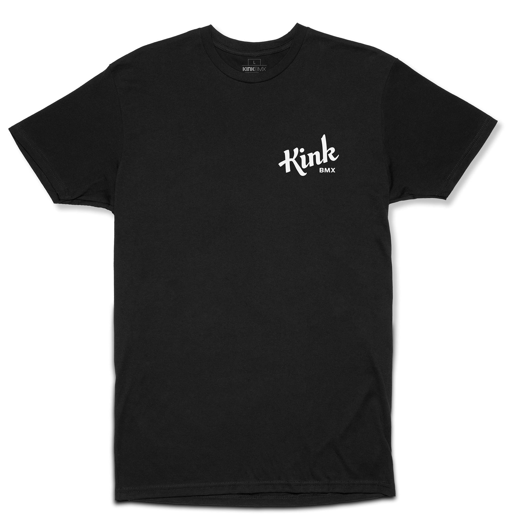 Check out the Kink Trademark T-Shirt, crafted from premium cotton in black with a white "Kink BMX" logo on the front. This tee offers a tailored fit for all-day style and comfort.