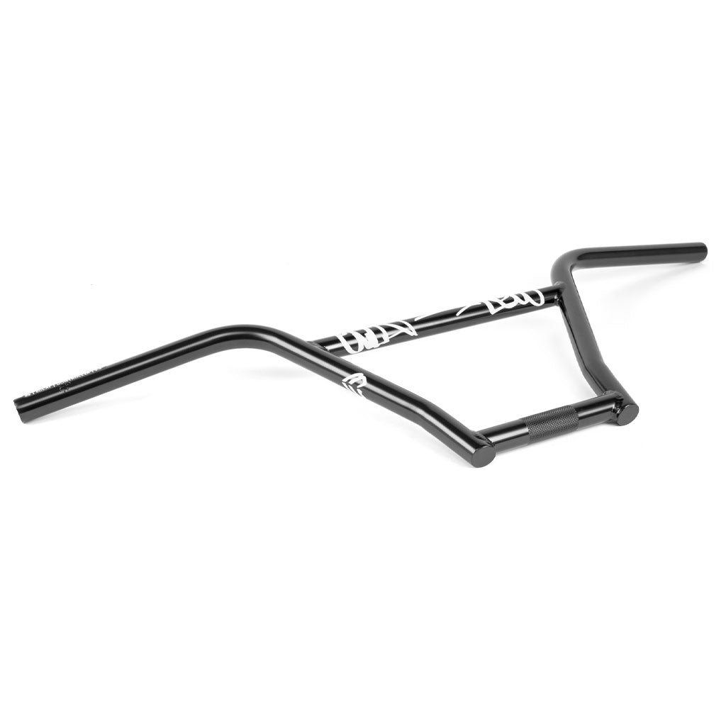 A black Eclat Controller V2 4 Piece Handlebars with a unique angular design and white text printed on it, featuring durable tubing.