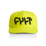 Introducing the Cult Hi-Vis Logo Cap: a striking neon yellow safety cap made from quick-dry nylon, featuring bold black "CULT" lettering on the front for maximum comfort and visibility.