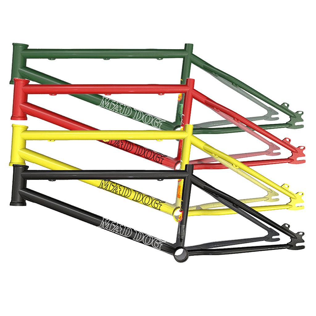 Four S&M Mad Dog (Chris Moeller) Disc 20 Inch Frames are stacked diagonally in green, red, yellow, and black, showcasing American-made precision.